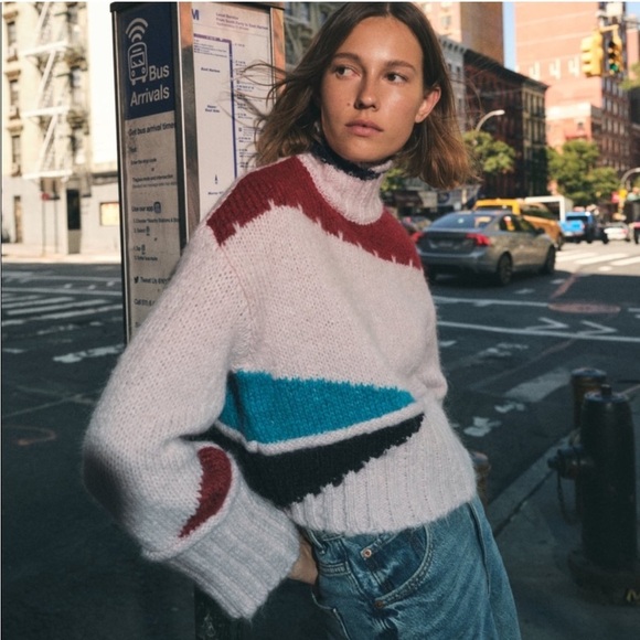 Zara Boxy Cropped Colorblock Chunky Knit Wool Blend Sweater Size Medium western - Picture 7 of 15